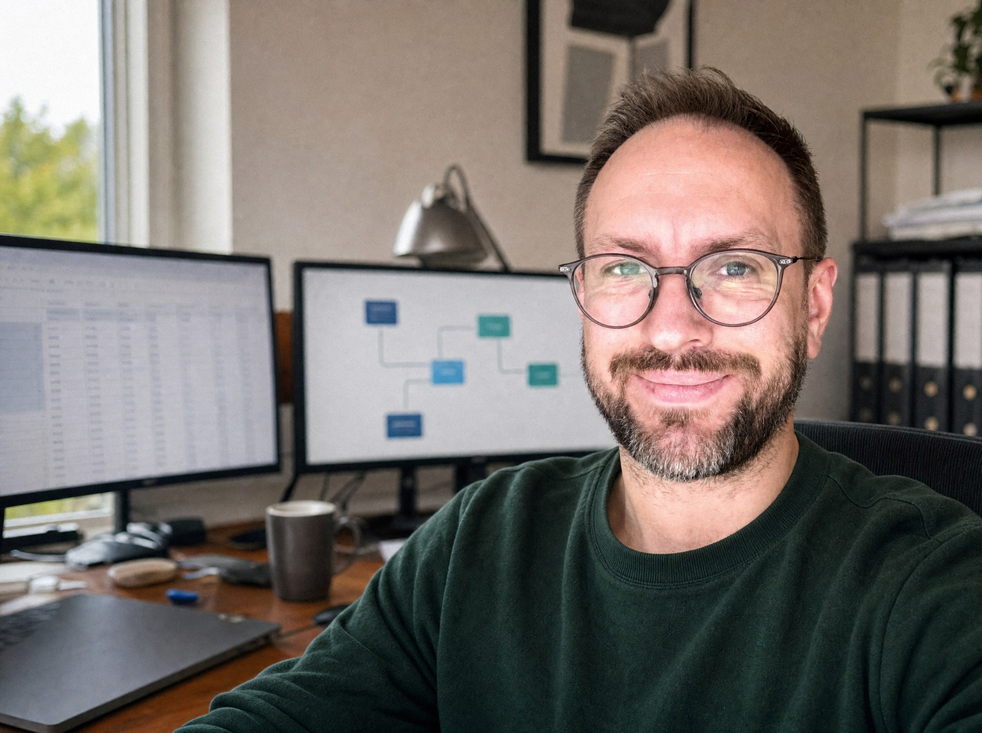 Philipp Thiel am Arbeitsplatz vor zwei Monitoren mit Datentabelle und Prozessdiagramm