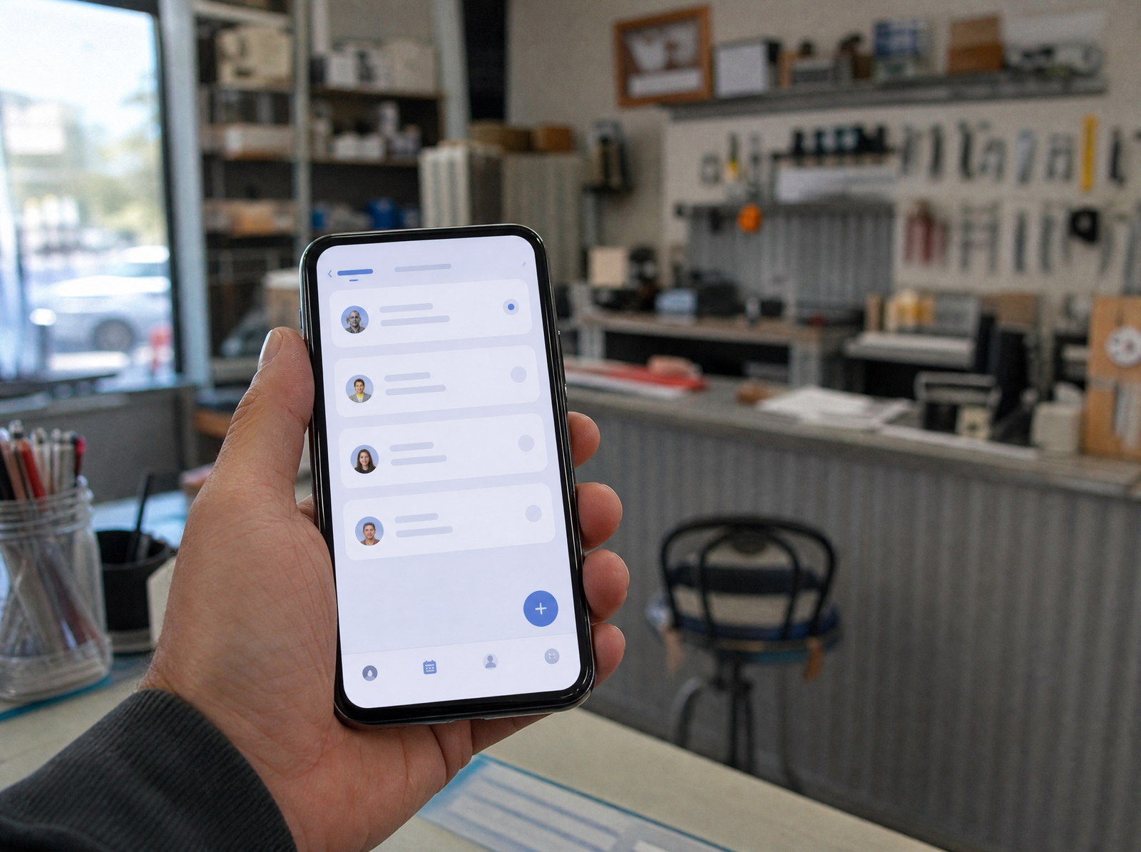 Auftrags-App auf einem Smartphone im Einsatz in einem Handwerksbetrieb