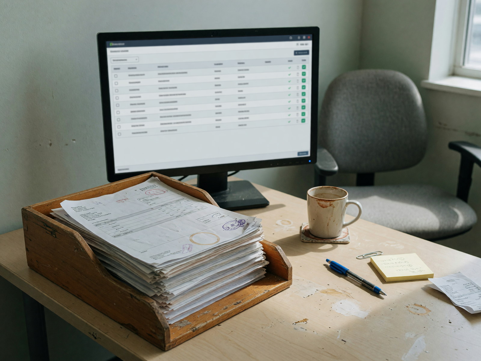 Unangetasteter Papierstapel neben einem Bildschirm, auf dem die Daten bereits erfasst sind
